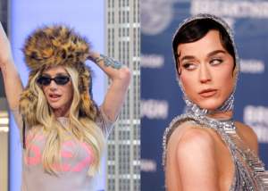 LEFT PHOTO: Kesha visits Empire State Building, New York, United States - 10 Apr 2025 RIGHT PHOTO: Katy Perry, Breakthrough Prize ceremony in Los Angeles, Santa Monica, USA - 05 Apr 2025