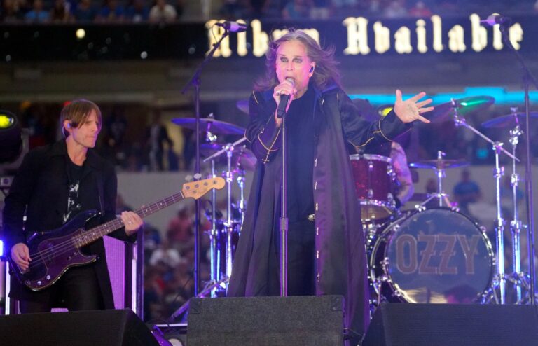 Musician Ozzy Osbourne performs during half-time of the NFL game between the Los Angeles Rams and the Buffalo Bills at SoFi Stadium on September 08, 2022 in Inglewood, California Ozzy Osbourne performs during half-time of the NFL game between the Los Angeles Rams and the Buffalo Bills at SoFi Stadium, Inglewood, Los Angeles, California, USA - 08 Sep 2022