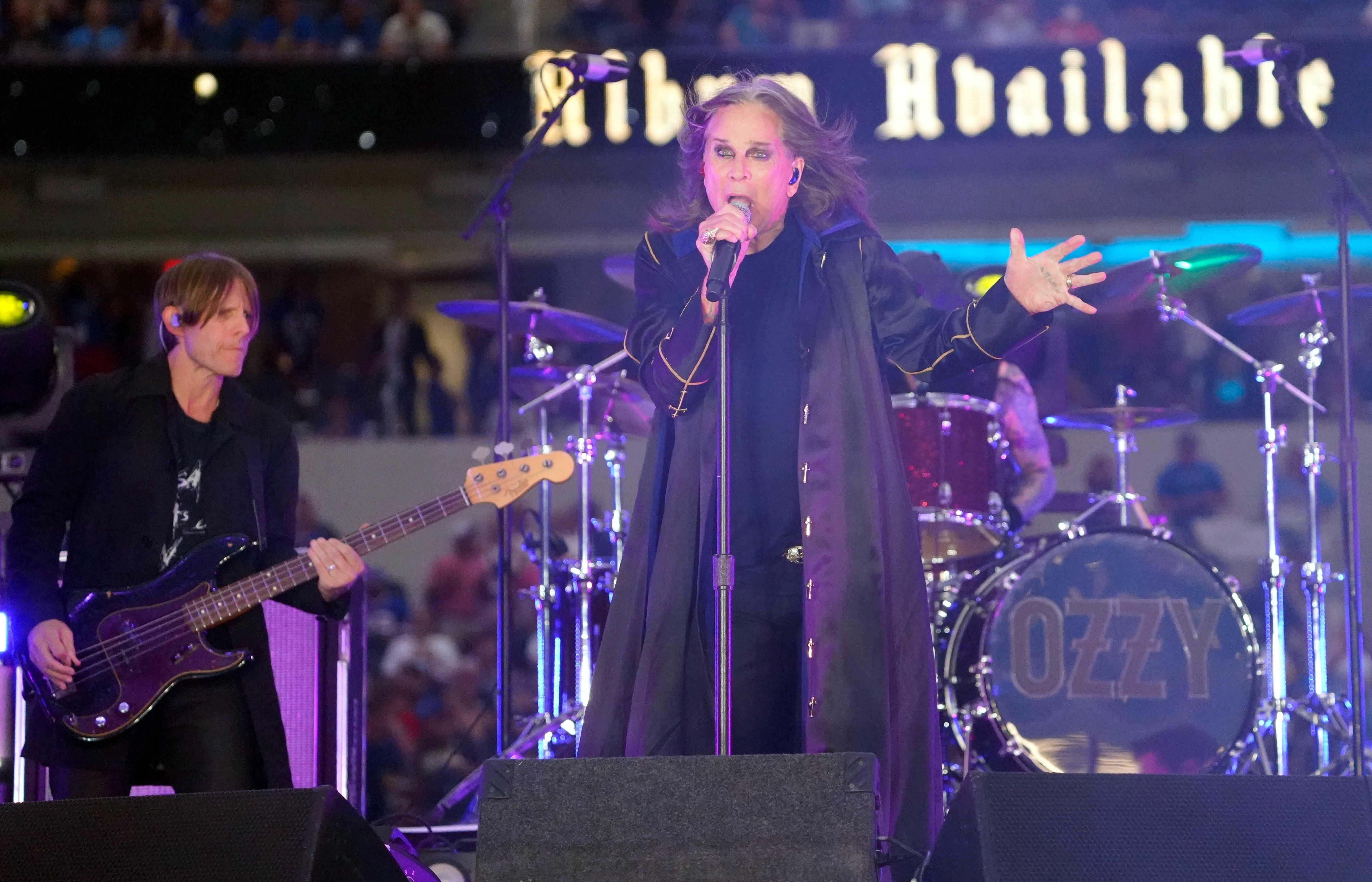Musician Ozzy Osbourne performs during half-time of the NFL game between the Los Angeles Rams and the Buffalo Bills at SoFi Stadium on September 08, 2022 in Inglewood, California Ozzy Osbourne performs during half-time of the NFL game between the Los Angeles Rams and the Buffalo Bills at SoFi Stadium, Inglewood, Los Angeles, California, USA - 08 Sep 2022