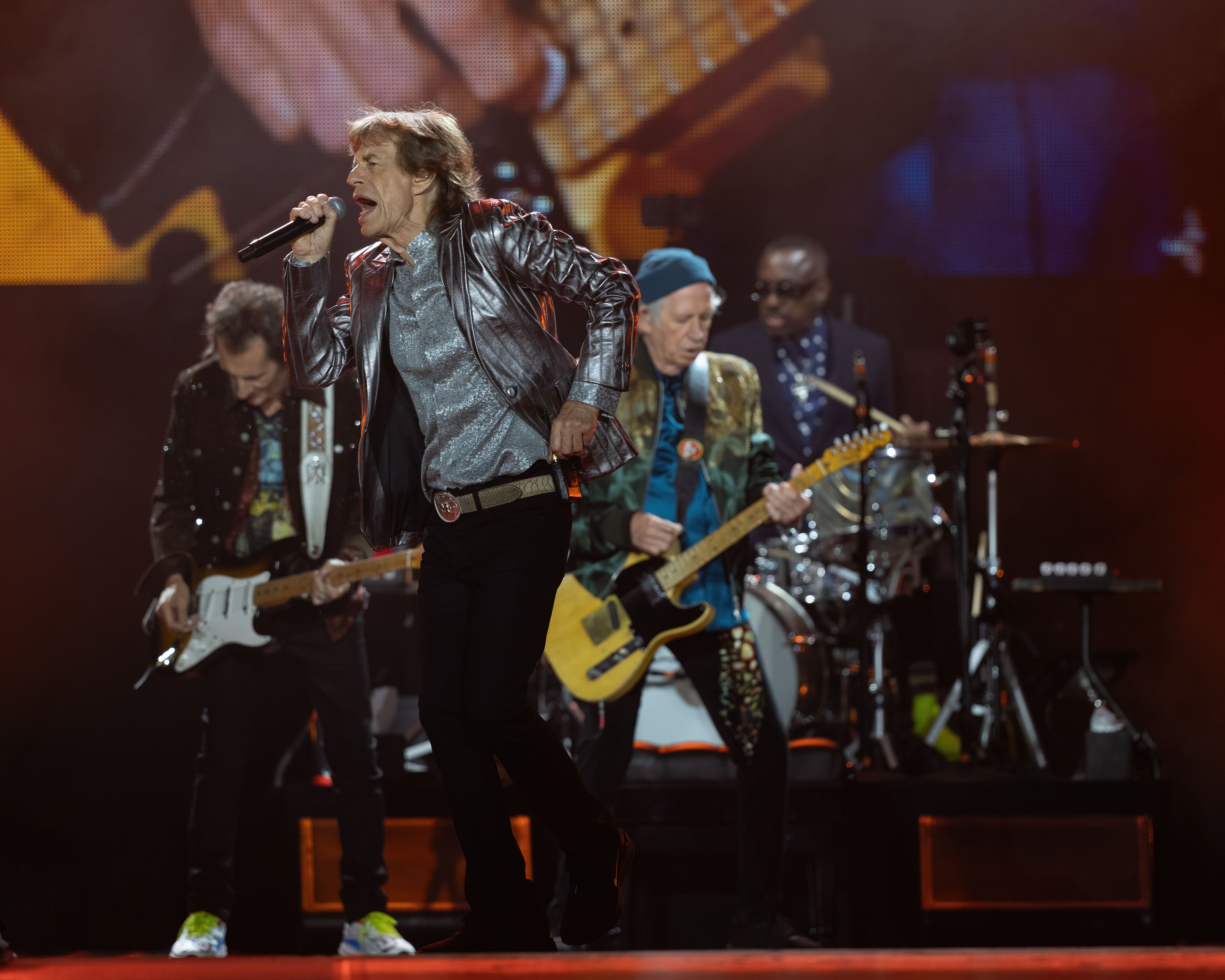 Ronnie Wood, Mick Jagger, and Keith Richards performs on stage during The Rolling Stones' 'STONES TOUR '24 HACKNEY DIAMONDS' at NRG Stadium on April 28, 2024 in Houston, Texas. Rolling Stones in concert, Houston, Texas, USA - 28 Apr 2024
