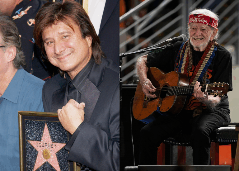 LEFT PHOTO: Journey - Steve Perry, JOURNEY HONORED WITH THE 2275TH STAR ON THE HOLLYWOOD WALK OF FAME, CALIFORNIA, AMERICA - 21 JANUARY 2005 RIGHT PHOTO: Willie Nelson, Vice President Kamala Harris Remarks in Houston, Texas, USA - 25 Oct 2024