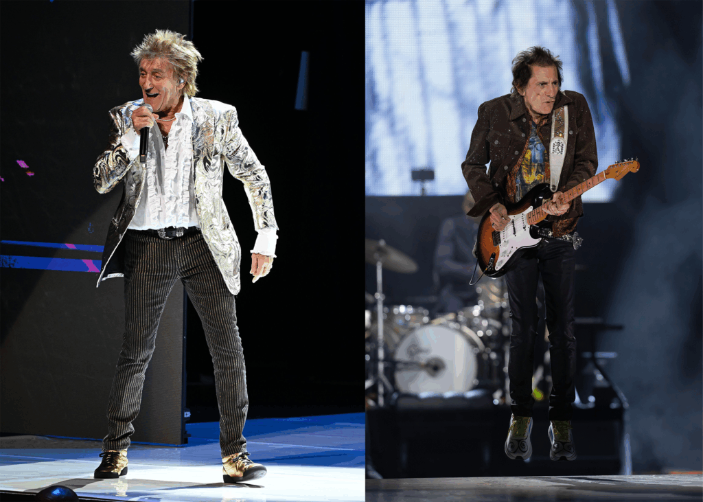 rodstewart LEFT PHOTO: Sir Rod Stewart in concert during 'One Last Time' Tour at Hard Rock Live held at the Seminole Hard Rock Hotel & Casino, Hollywood, Florida, USA - 01 Mar 2025 RIGHT PHOTO: Ronnie Wood perform on stage during The Rolling Stones' 'STONES TOUR '24 HACKNEY DIAMONDS' at NRG Stadium on April 28, 2024 in Houston, Texas.