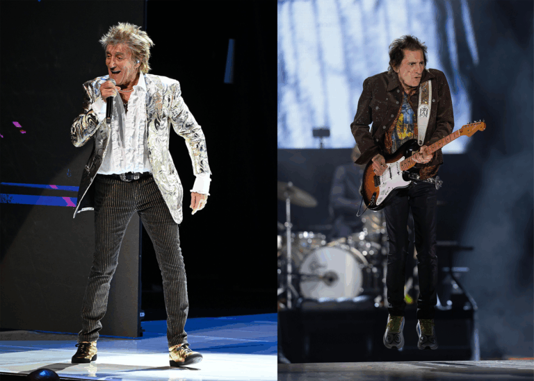 LEFT PHOTO: Sir Rod Stewart in concert during 'One Last Time' Tour at Hard Rock Live held at the Seminole Hard Rock Hotel & Casino, Hollywood, Florida, USA - 01 Mar 2025 RIGHT PHOTO: Ronnie Wood perform on stage during The Rolling Stones' 'STONES TOUR '24 HACKNEY DIAMONDS' at NRG Stadium on April 28, 2024 in Houston, Texas.