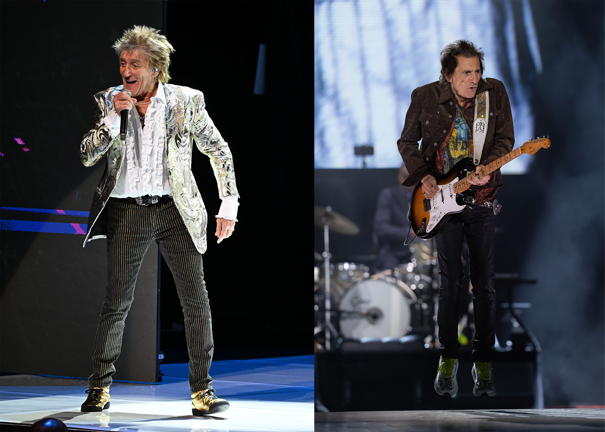 LEFT PHOTO: Sir Rod Stewart in concert during 'One Last Time' Tour at Hard Rock Live held at the Seminole Hard Rock Hotel & Casino, Hollywood, Florida, USA - 01 Mar 2025 RIGHT PHOTO: Ronnie Wood perform on stage during The Rolling Stones' 'STONES TOUR '24 HACKNEY DIAMONDS' at NRG Stadium on April 28, 2024 in Houston, Texas.