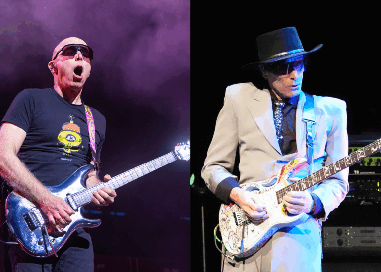 LEFT PHOTO: JOE SATRIANI performs with Sammy Hagar during Stagecoach Music Festival at Empire Polo Club in Indio, California RIGHT PHOTO: Musician - STEVE VAI on stage with the BEAT, playing King Crimson hits from the 1970's at The Thousand Oaks Civic Arts Plaza, Thousand Oaks, CA, USA, November 18, 2024. The BEAT is a super group comprised of Adrian Belew, Tony Levin, Danny Carey, and Steve Vai...Credit Image cr Scott Mitchell/ZUMA Pess