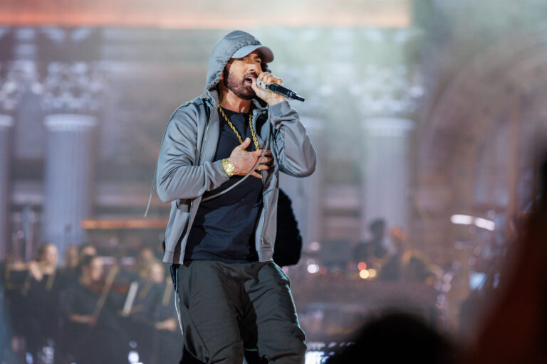 Eminem performs at a concert celebrating the reopening of Michigan Central Station on June 6, 2024. Eminem, Diana Ross, Big Sean and Jack White headlined the event at Roosevelt Park, titled "Live From Detroit: The Concert at Michigan Central." Michigan Central Station grand opening concert, Roosevelt Park, Detroit, Michigan, United States - 06 Jun 2024
