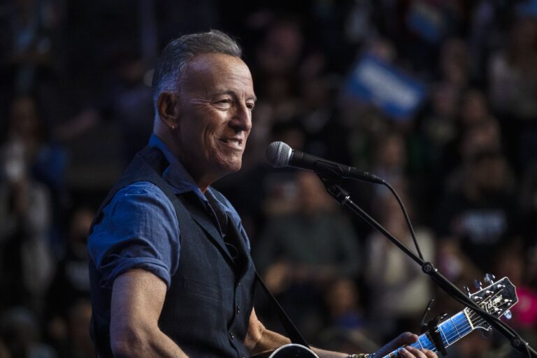Bruce Springsteen performs at a rally with former president Barack Obama and John Legends for Vice President Kamala Harris at Temple University in Philadelphia on Monday October 27, 2024 PA: President Obama Rally at Temple University, Philadelphia, New York, USA - 28 Oct 2024