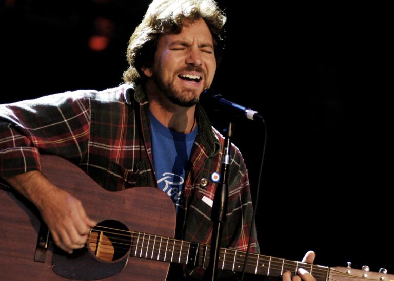Eddie Vedder of Pearl Jam performs a solo acoustic set at the Bridge School Benefit Concert at Shoreline Amphitheater, California on October 23, 2004 Eddie Vedder of Pearl Jam
