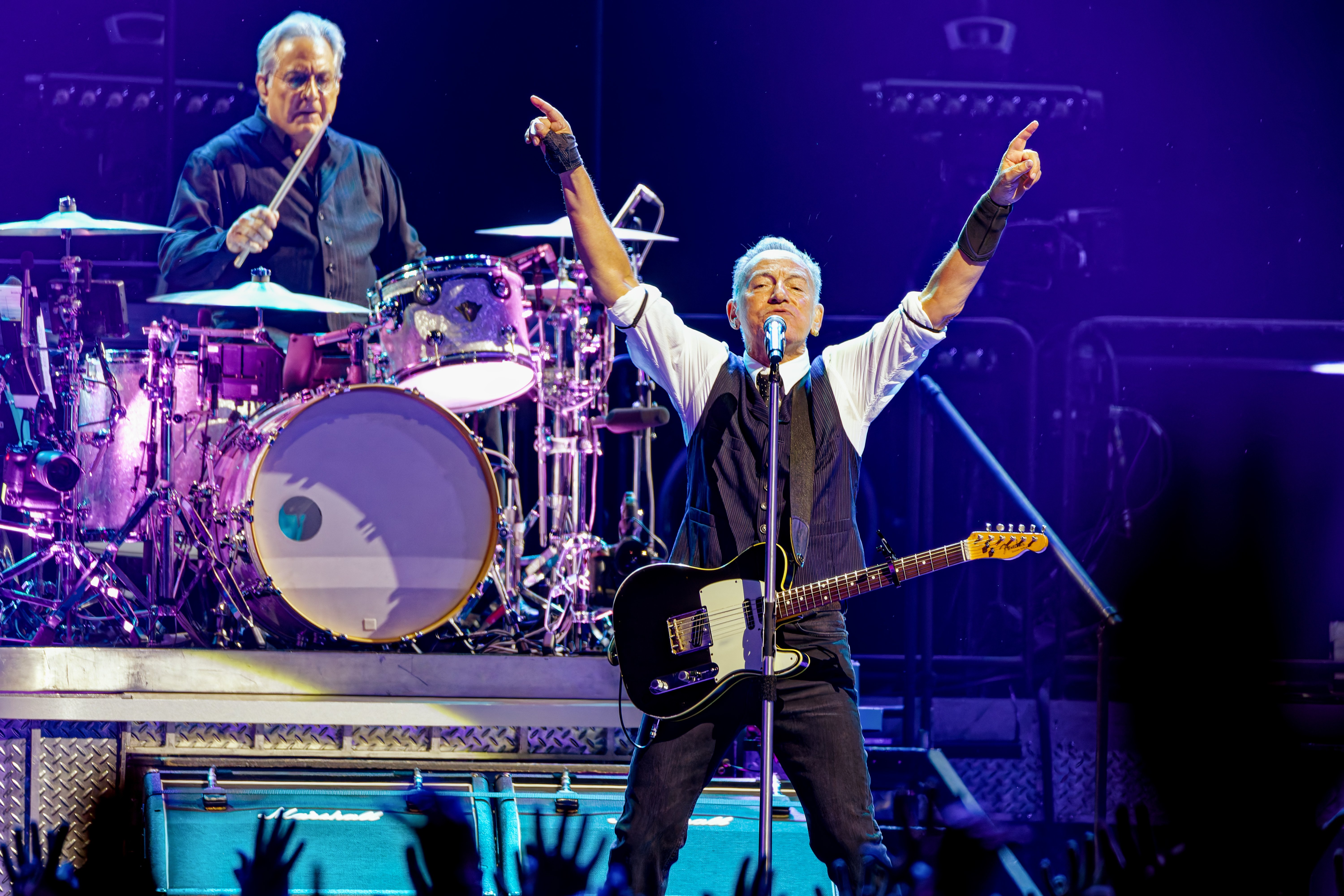 MAX WEINBERG ( Drums) and BRUCE SPRINGSTEEN and the E Street Band perform onstage during the opening night of The Land of Hope and Dreams Tour at Co-op Live Arena on May 14, 2025, in Manchester, England. The 2025 tour is SPRINGSTEEN's first major European run since 2023 and features classic hits alongside material from his recent albums. The show took place at the UK's newest and largest indoor arena. Bruce Springsteen Opens The Land Of Hope And Dreams Tour In Manchester, United Kingdom - 14 May 2025