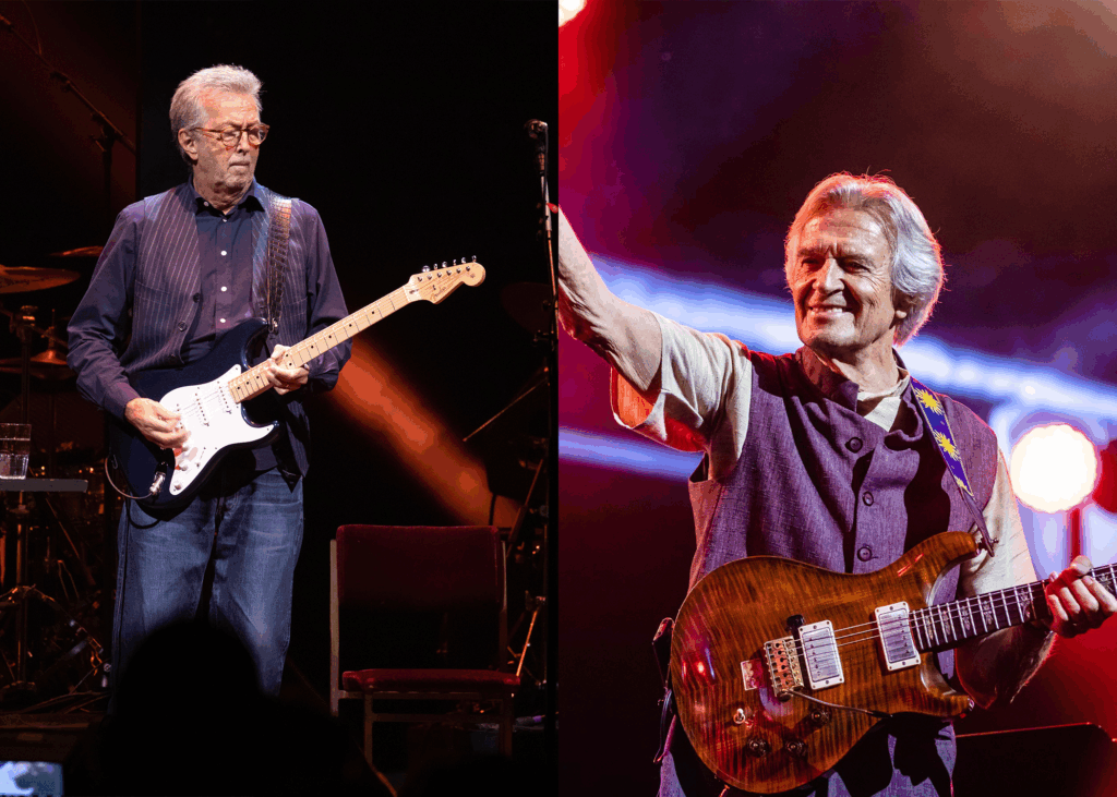 LEFT PHOTO: Eric Clapton in Concert, Frank Erwin Center, Austin, Texas, USA - 15 Sep 2021 RIGHT PHOTO: John McLaughlin at Montreux Jazz Festival 2022, Lake Geneva, Switzerland - 11 Jul 2022