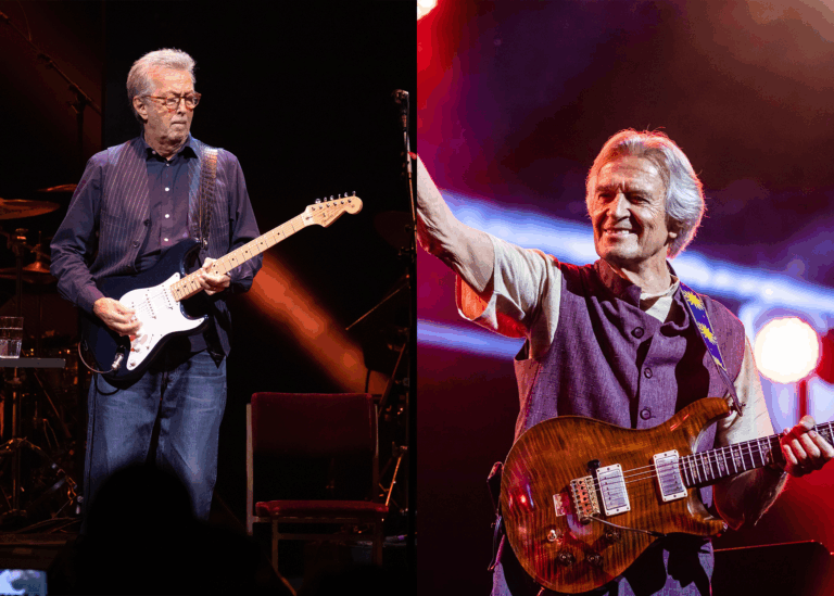 LEFT PHOTO: Eric Clapton in Concert, Frank Erwin Center, Austin, Texas, USA - 15 Sep 2021 RIGHT PHOTO: John McLaughlin at Montreux Jazz Festival 2022, Lake Geneva, Switzerland - 11 Jul 2022