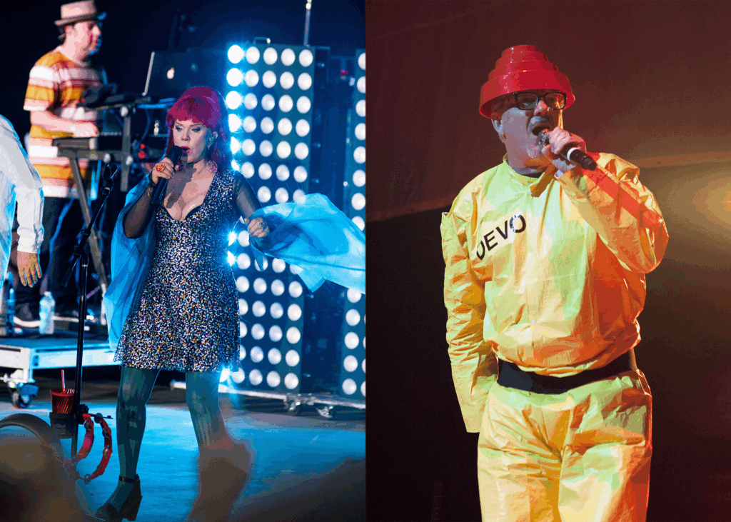 devo52 LEFT PHOTO: B-52's in concert at the Pompano Beach Amphitheater, Pompano Beach, Florida, USA - 01 Jul 2018 RIGHT PHOTO: Devo in concert, United Center, America - 26 Aug 2015