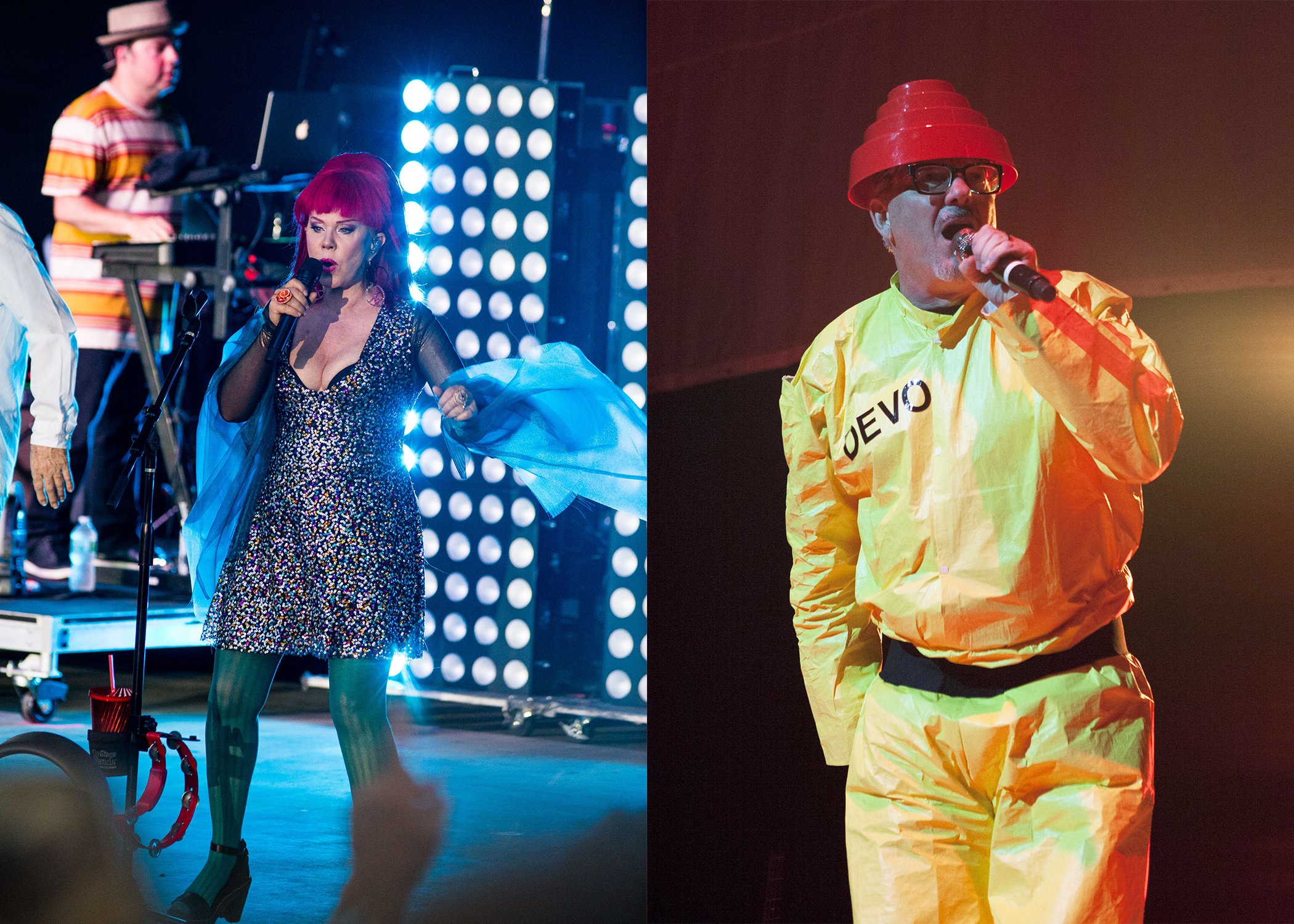 LEFT PHOTO: B-52's in concert at the Pompano Beach Amphitheater, Pompano Beach, Florida, USA - 01 Jul 2018 RIGHT PHOTO: Devo in concert, United Center, America - 26 Aug 2015