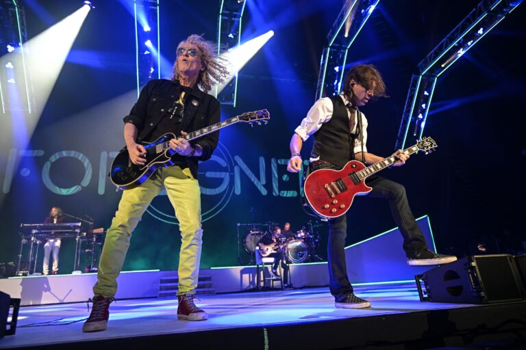 Bruce Watson and Luis Maldonado of Foreigner in concert during the Farewell Tour at The I Think Financial Amphitheater Foreigner in concert, West Palm Beach, Florida, USA - 08 Jul 2023
