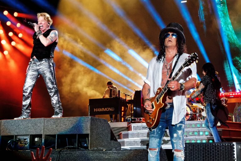 Axl Rose, left, and Slash, of Guns N' Roses, perform on Thursday, Aug. 24, 2023, at Wrigley Field in Chicago. Guns N' Roses in concert at Wrigley Field in Chicago, Illinois, USA - 24 Aug 2023