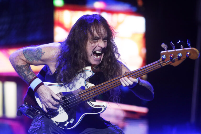 British heavy metal band Iron Maiden's bassist Steve Harris performs in Santiago, Chile, 27 November 2024. More than 60,000 people packed Estadio Nacional for the first of two performances by Iron Maiden, after a five-year absence. During their return, they are presenting their world tour 'The Future Past', launching their latest studio album, 'Senjutsu'. Iron Maiden perform in Santiago, Chile - 27 Nov 2024