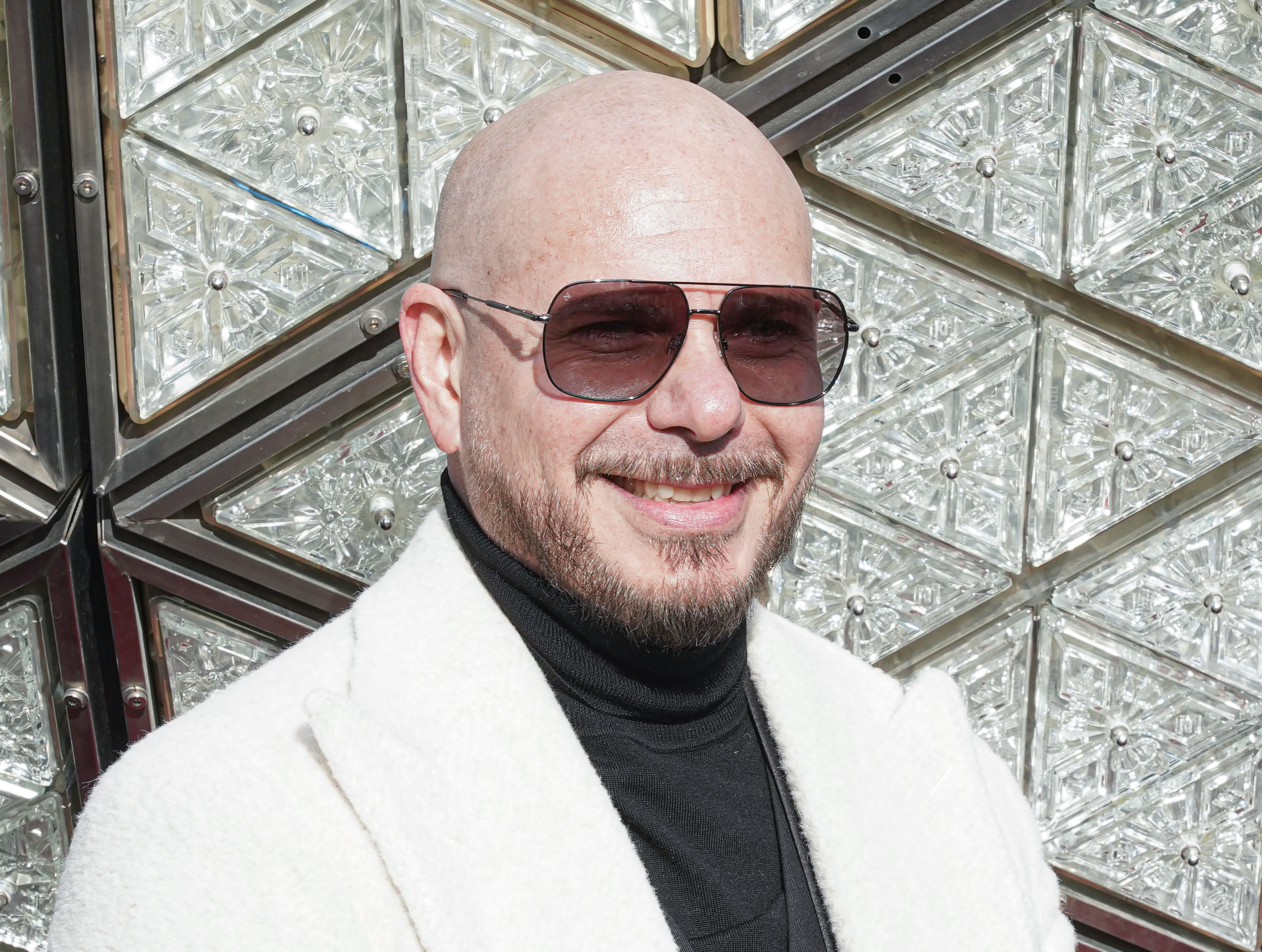 Pit Bull Installation of 2025 Crystal Triangles on the Times Square New Years Eve Ball, New York, USA - 27 Dec 2024