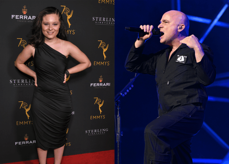LEFT PHOTO: Moriah Formica, 70th Emmy Awards Nominees for Outstanding Casting event, Los Angeles, USA - 06 Sep 2018 RIGHT PHOTO: Disturbed in concert during The Sickness 25th Anniversary Tour at The Amerant Bank Arena, Sunrise, Florida, USA - 18 Apr 2025