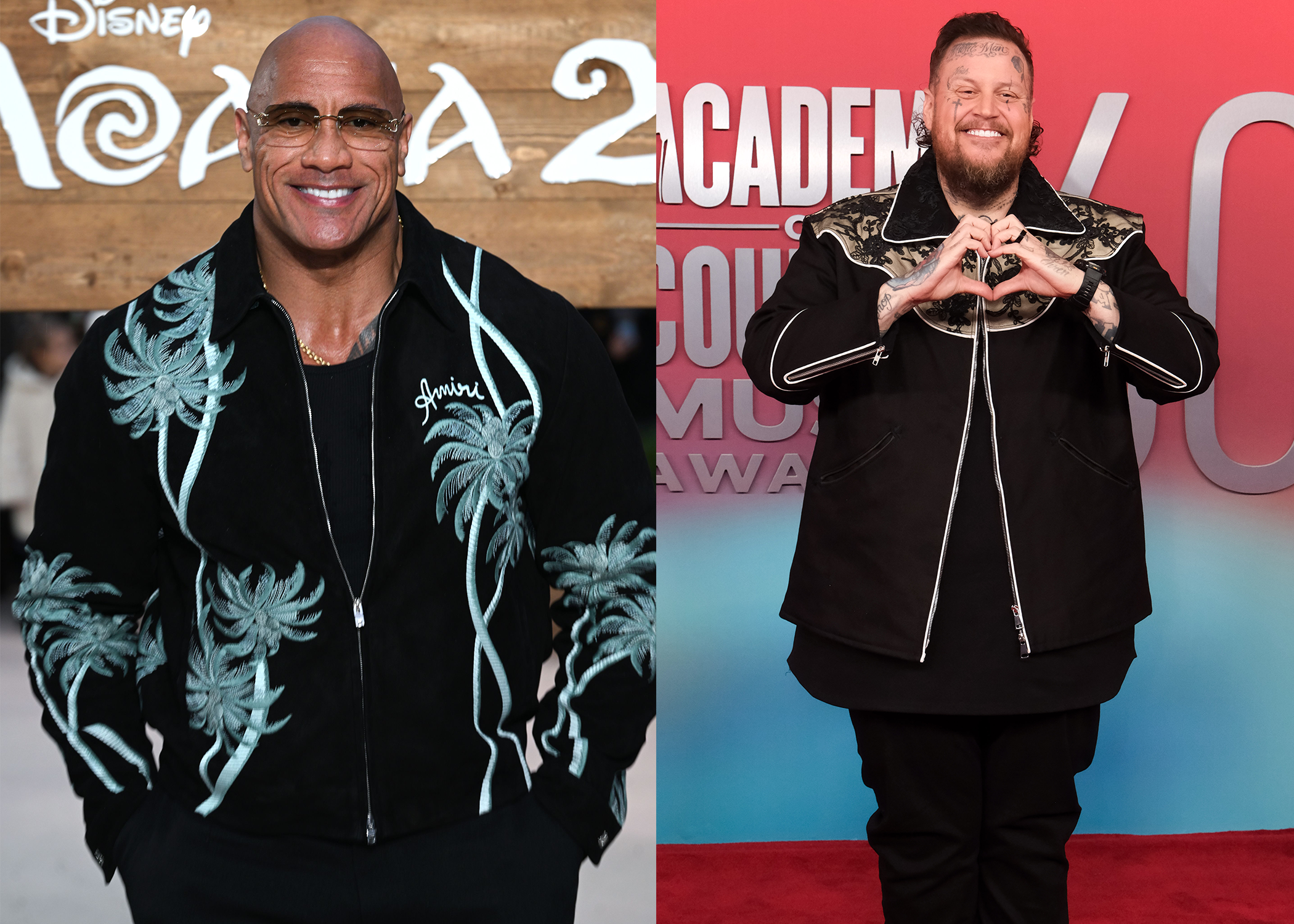 LEFT PHOTO: Dwayne Johnson, 'Moana 2' film premiere, London, UK - 24 Nov 2024 RIGHT PHOTO: Jelly Roll, 60th Academy of Country Music Awards, Arrivals, Frisco, Texas, USA - 08 May 2025