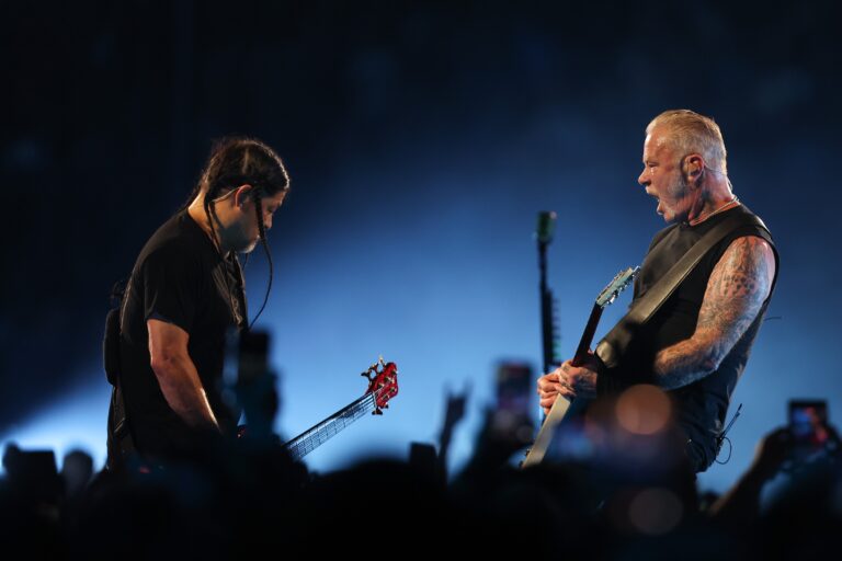 Bassist Robert Trujillo and James Hetfield of Metallica jam out during their M72 world tour at Raymond James Stadium on Friday, June 6, 2025 in Tampa. Florida News, Tampa, USA - 06 Jun 2025