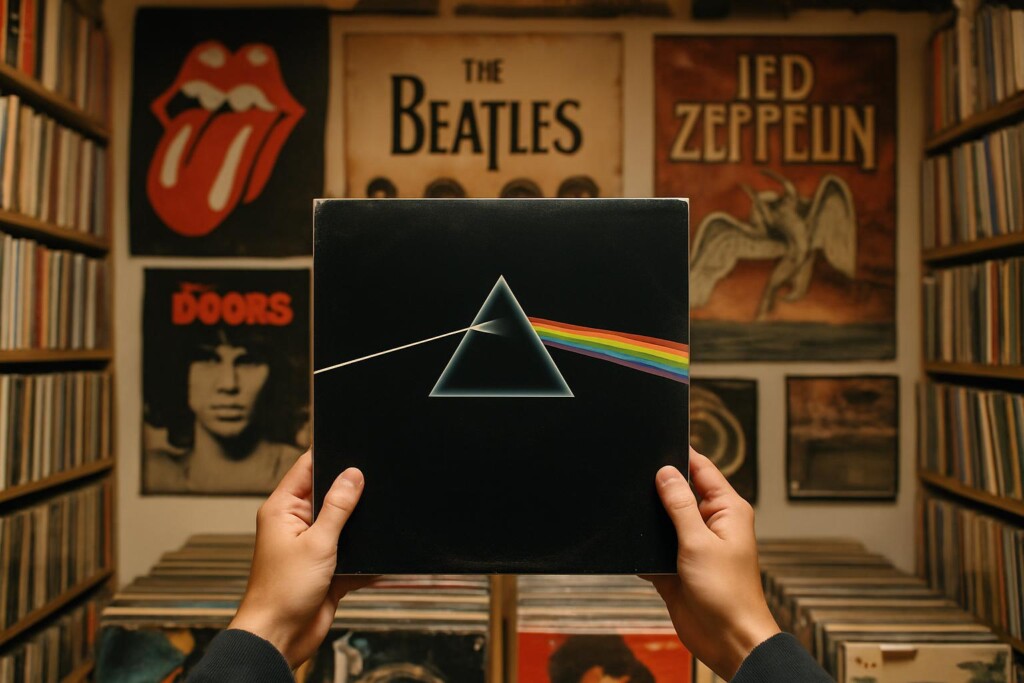 A person holding the album cover for dark side of the moon in a classic rock the