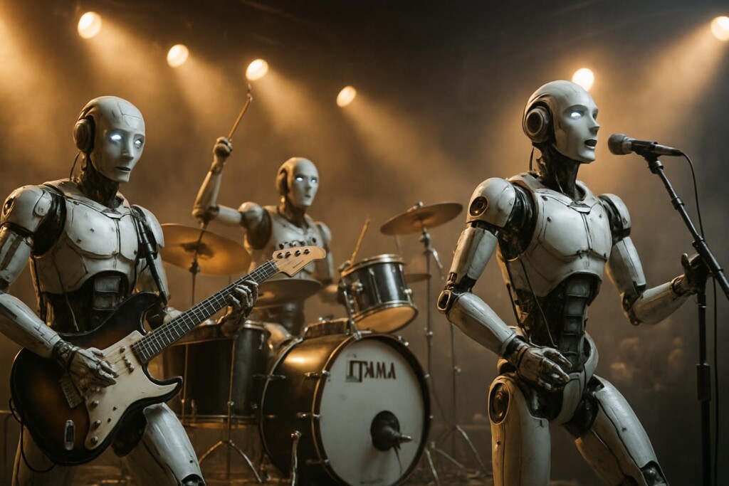 A photorealistic band of consumer grade robots plays a rock and roll concert