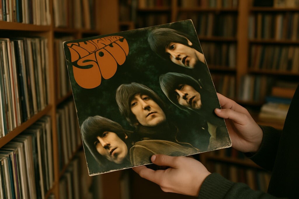 A person holding a copy of the Beatles Rubber Soul in a room full of records